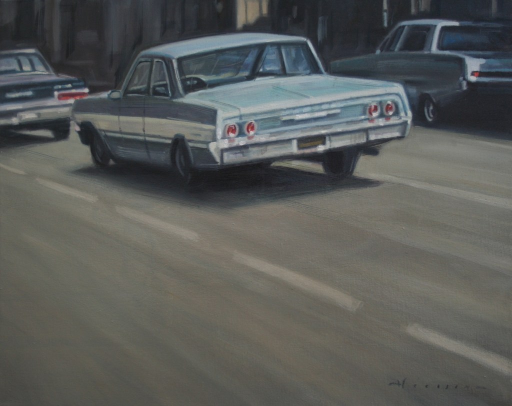 A painterly depiction of classic cars driving down a street, focusing on a light blue car in the foreground with a blurred background.