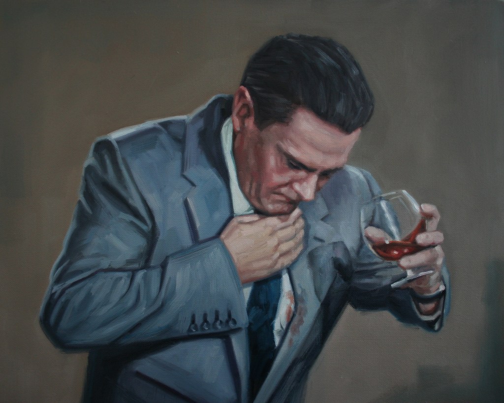 A painting of a man in a suit looking down, appearing to check his collar while holding a glass of red liquid.
SOLD 