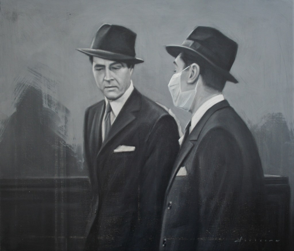 Two men in suits and fedoras standing next to each other, with one wearing a face mask. The artwork is styled in black and white.