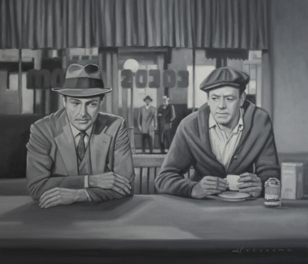 A black and white painting of two men sitting at a diner counter, with a hat-wearing man on the left and a man in a sweater on the right, both looking contemplative. The background features a diner scene with a visible entrance where two other men are standing.