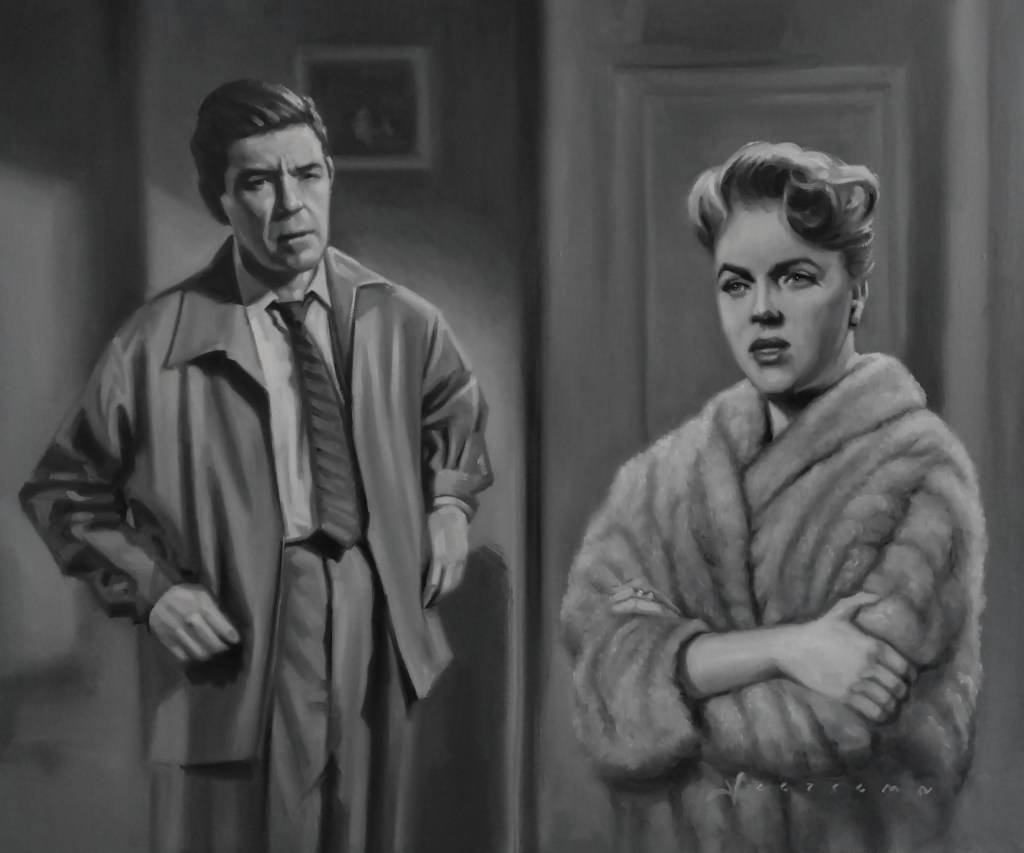 A black and white painting depicting two characters in a tense conversation. A man in a trench coat and tie stands with a serious expression, while a woman in a fur robe appears upset with her arms crossed.